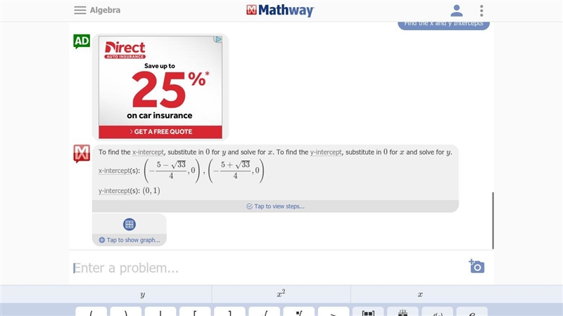 Find the x- and y-intercepts of the parabola y=−2x^2−5x+1-example-1