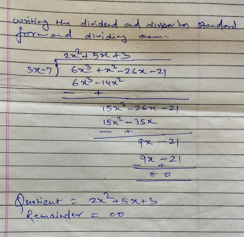 Divide using Long division (6x^3-26x-21+x^2) by (-7+3x)-example-1