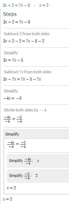 Solve for x: 3x + 2 = 7x -6 Help! Me!-example-1