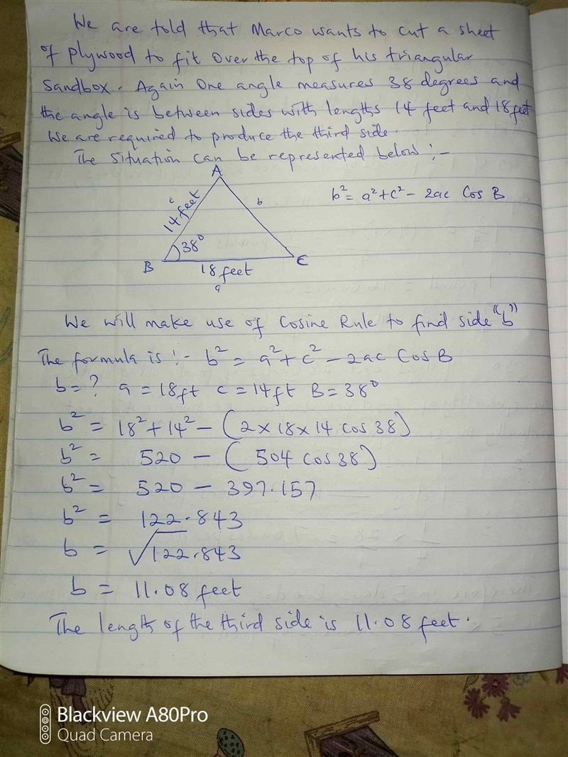 Marco wants to cut a sheet of plywood to fit over the top of his triangular sandbox-example-1