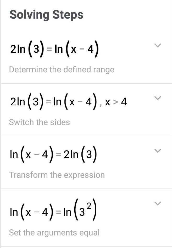 Solve: 2 In 3 = In(x - 4) a) x=9 b) x= 10 c) x=13-example-1