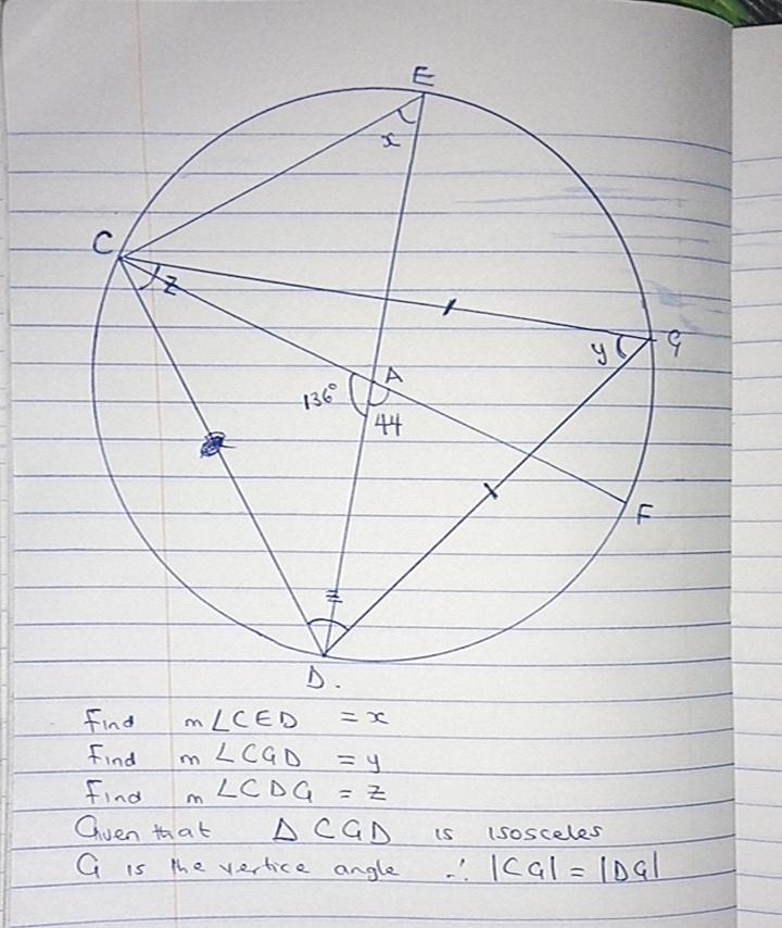 Consider circle A in the diagram below where m angle DAF = 44° and triangle CGD is-example-1