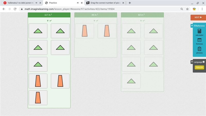 The picture shows a green parallelogram split into 8 equal parts and an orange parallelogram-example-1