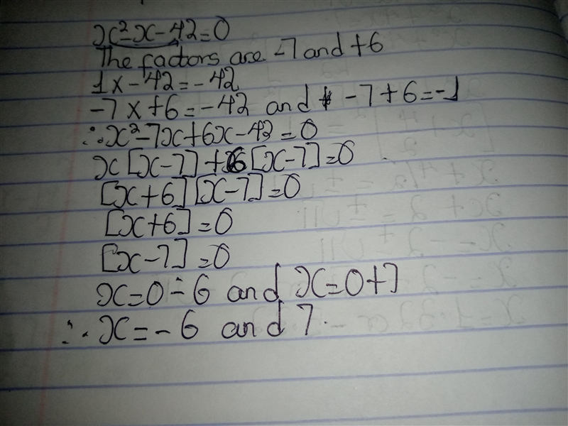 What are the roots of the equation? x^2 − x − 42 = 0 Enter your answers in the boxes-example-1