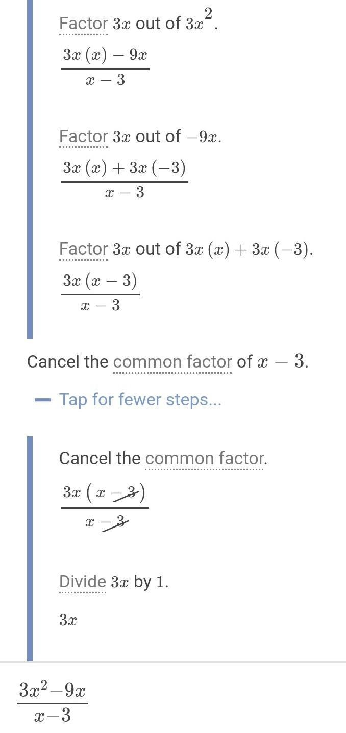 What is the simplified form of (3x^2-9x)/(x-3)? State any excluded values-example-2