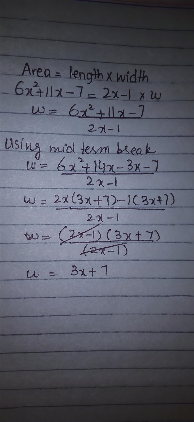 The area of the rectangle shown below is 6x2+11x-7 square units. the length is 2x-example-1