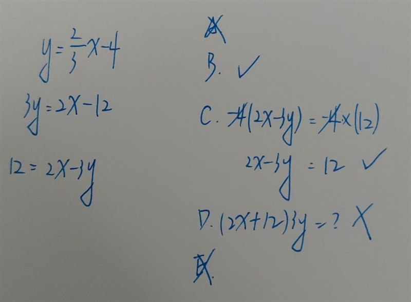 Which equations are equivalent to y=2/3x-4 when written in slope-intercept form? Check-example-1