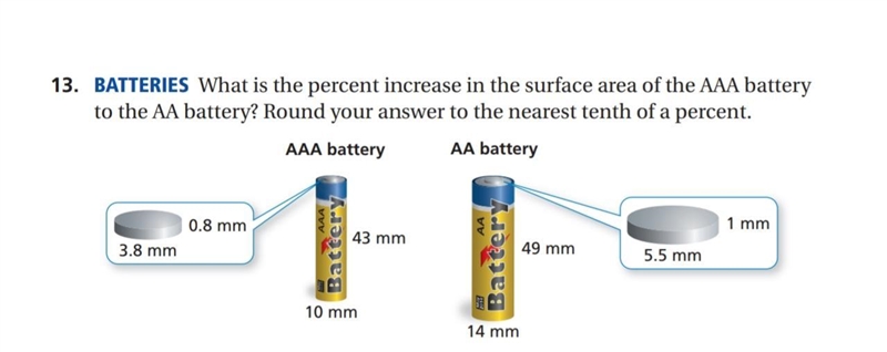 What is the percent increase in the surface area of the AAA battery to the AA battery-example-1