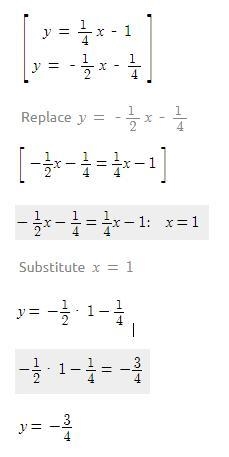 The system of equations y= 1/4 x-1 and y= -1/2 x-1/4 is shown on the graph below. What-example-1