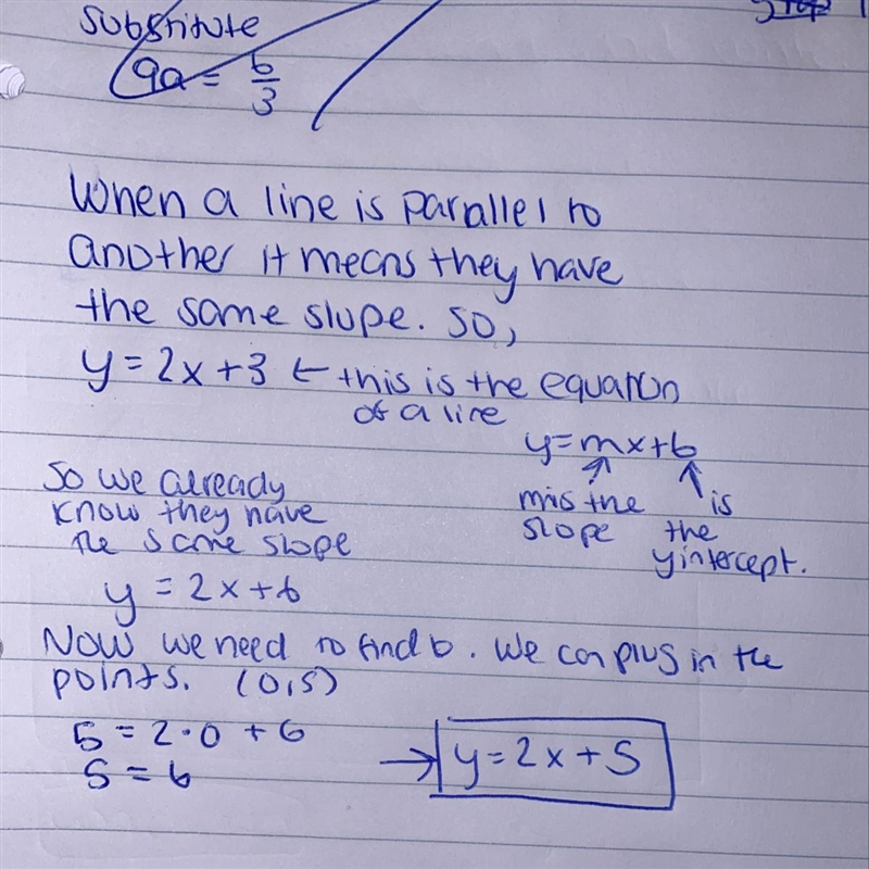 Write down the equation of a line which is parallel to y = 2x + 3 and goes through-example-1