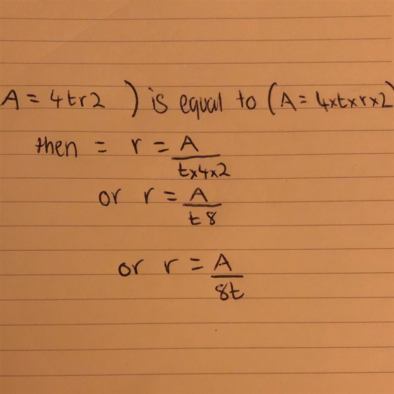 The formula for the surface area of a sphere is A = 4tr2. Which equation correctly-example-1