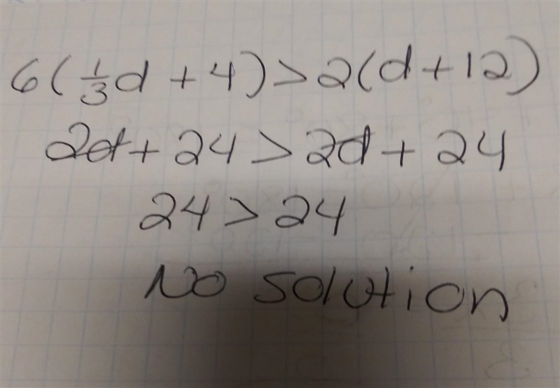 6(1/3d+4) > 2(d+12) Please show step by step how to solve thanks.-example-1