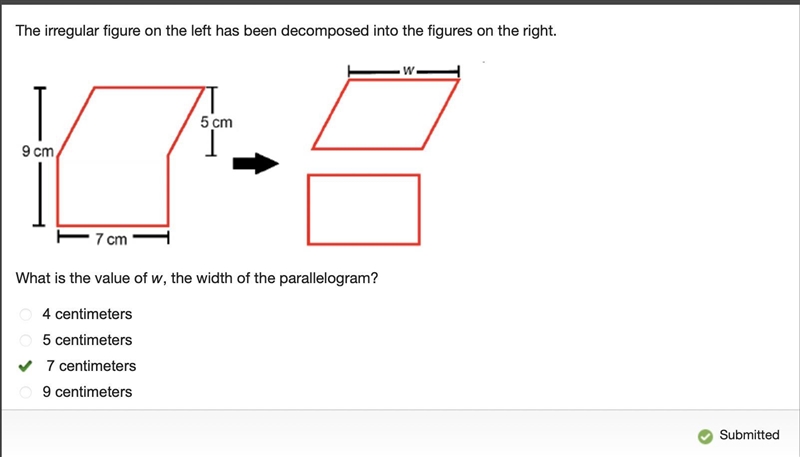 The irregular figure on the left has been decomposed into the figures on the right-example-1