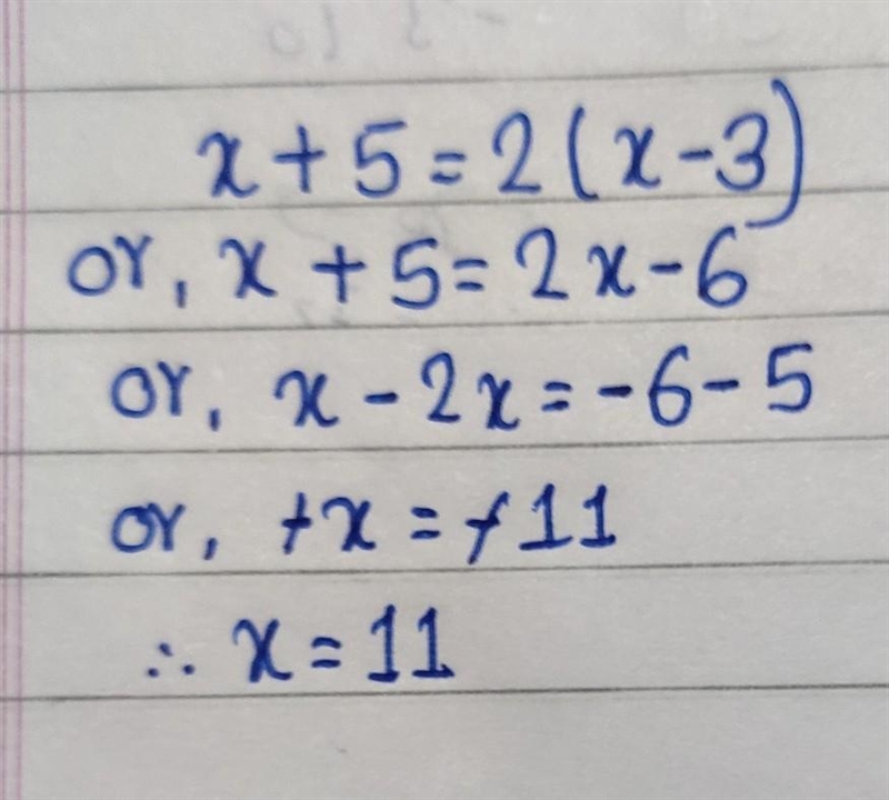 Solve this equation. Explain or show your reasoning. x + 5 =2(x - 3)-example-1