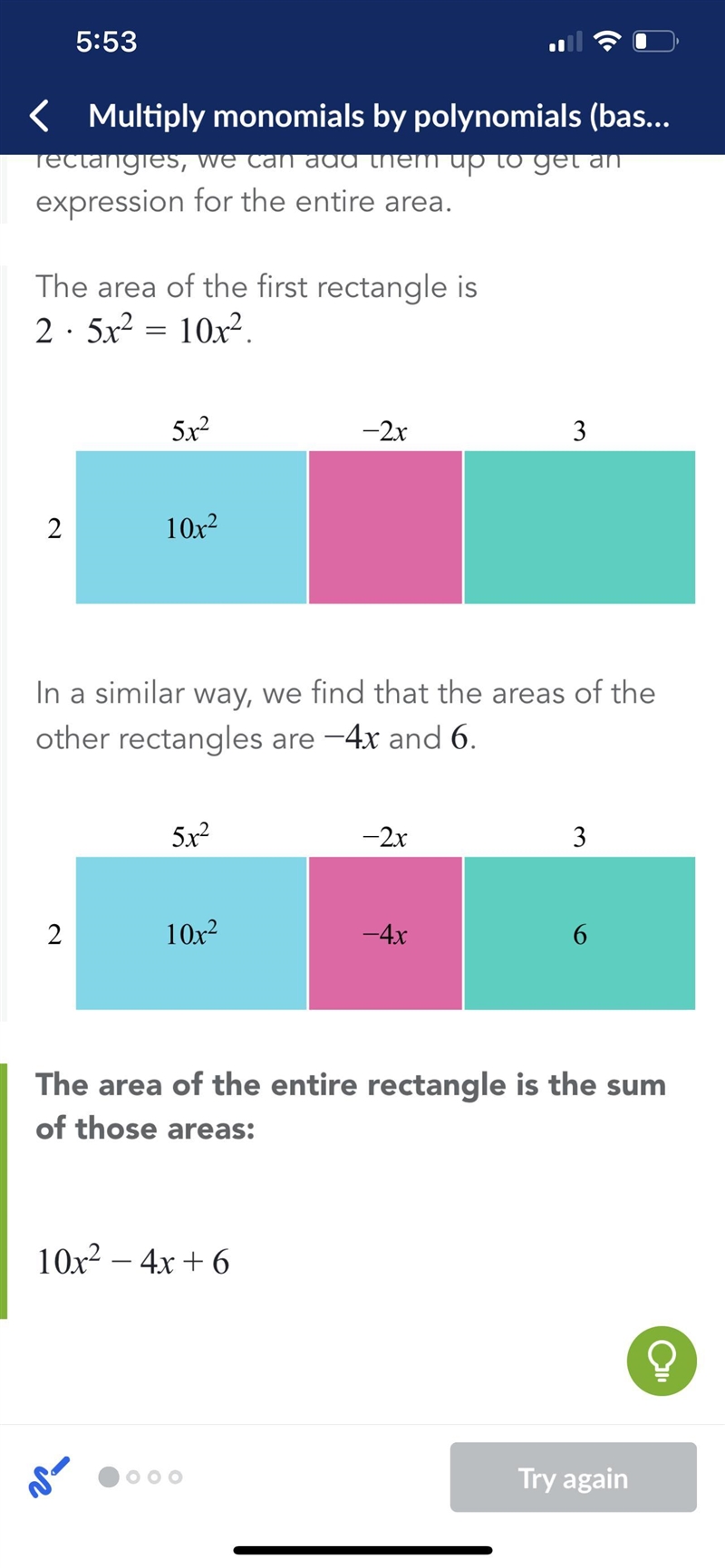 A rectangle has a height of 2 and a width of 5x2 – 2x + 3. express the area of the-example-1