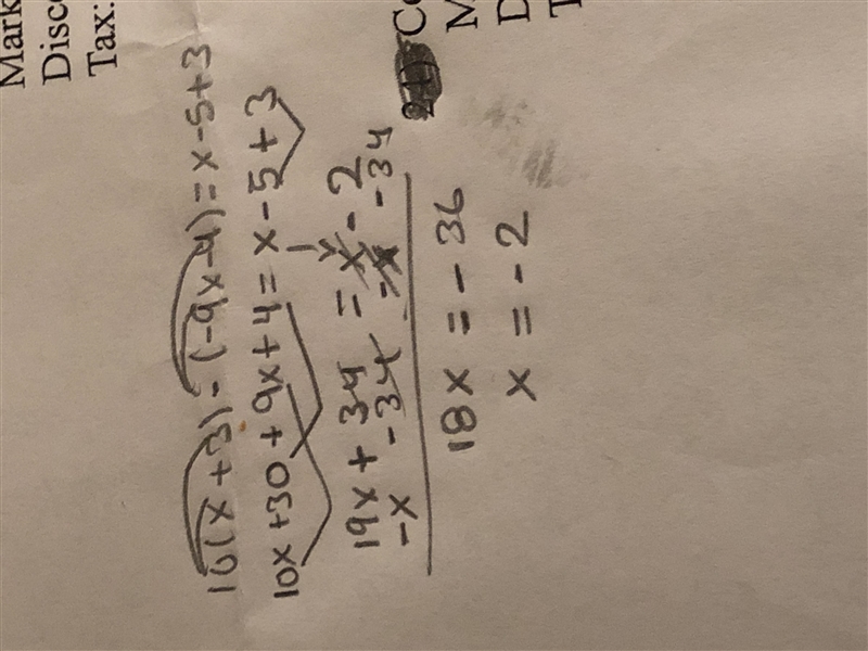 What is 10(x+3)-(-9x-4)=x-5+3​-example-1