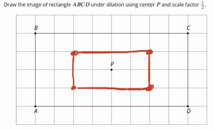 Draw the image of ABCD under dilation using the center P and the scale factor of 1/2.-example-1