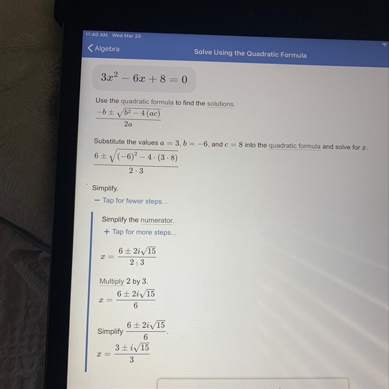 3x^2-6x+8=0 which of the followig correctly shows the quadratic formula for the given-example-1