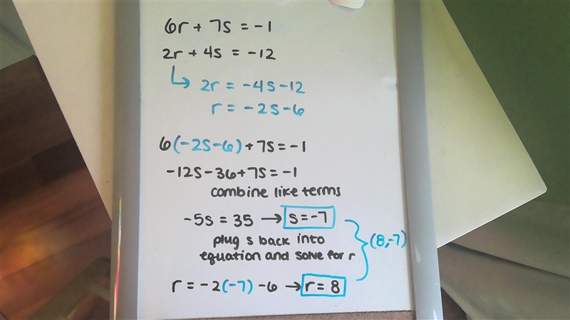 Solve the system of equations by using substitution. 6r + 7s = -1 2r + 4s = -12 a-example-1