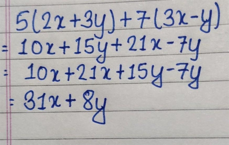 What is 5(2x + 3y) + 7(3x –y) simplified-example-1