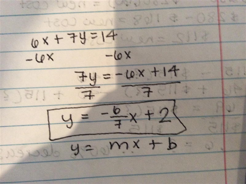 Rewrite the equation 6x + 7y = 14 into slope-intercept form (y = mx + b)-example-1