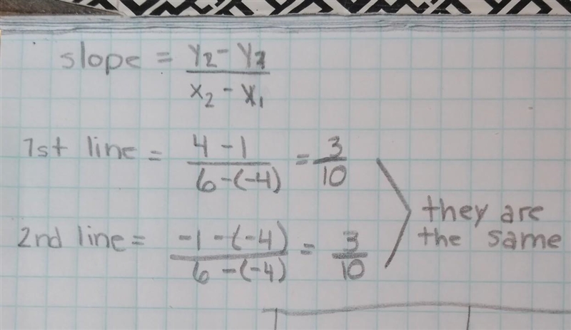 2) Prove that these two lines are parallel: B = (6,4) A= (-4,1) D = (6,-1) C = (-4,-4)-example-1