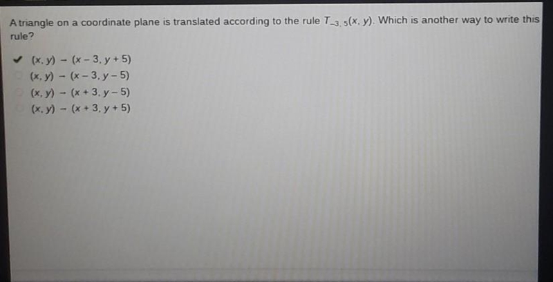 A triangle on a coordinate plane is translated according to the rule T-3, 5(x, y). Which-example-1