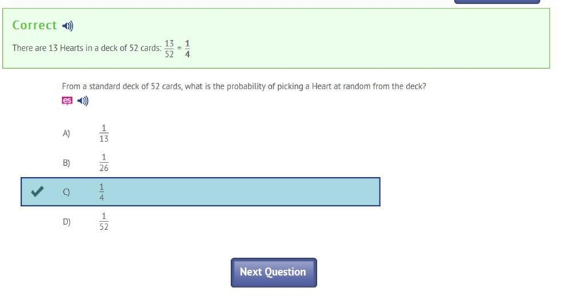 From a standard deck of 52 cards, what is the probability of picking a Heart at random-example-1