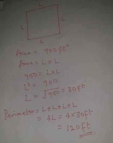 What is the perimeter of a square wraith an area of 900 square ft?-example-1