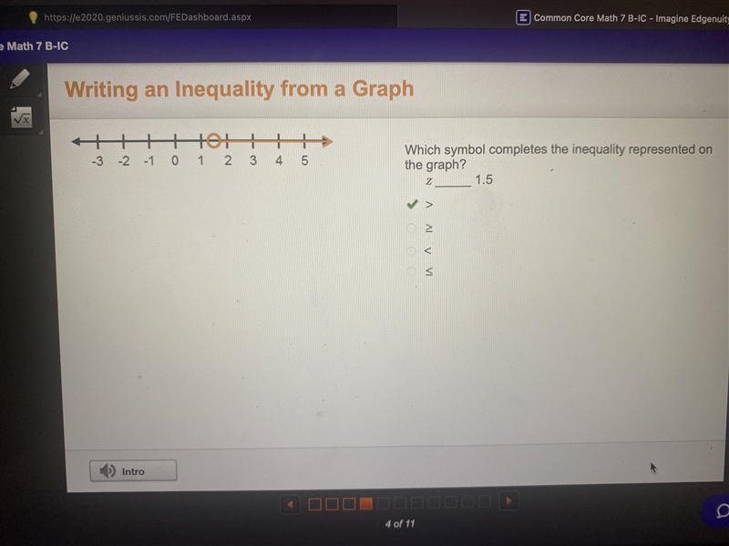 Which symbol completes the inequality represented on the graph-example-1