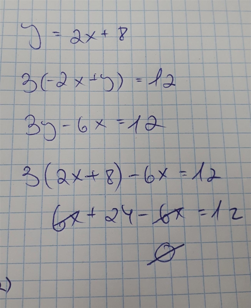 What is the solution to the system of equations below? y=2x+8 3(-2x + y) = 12 1) no-example-1