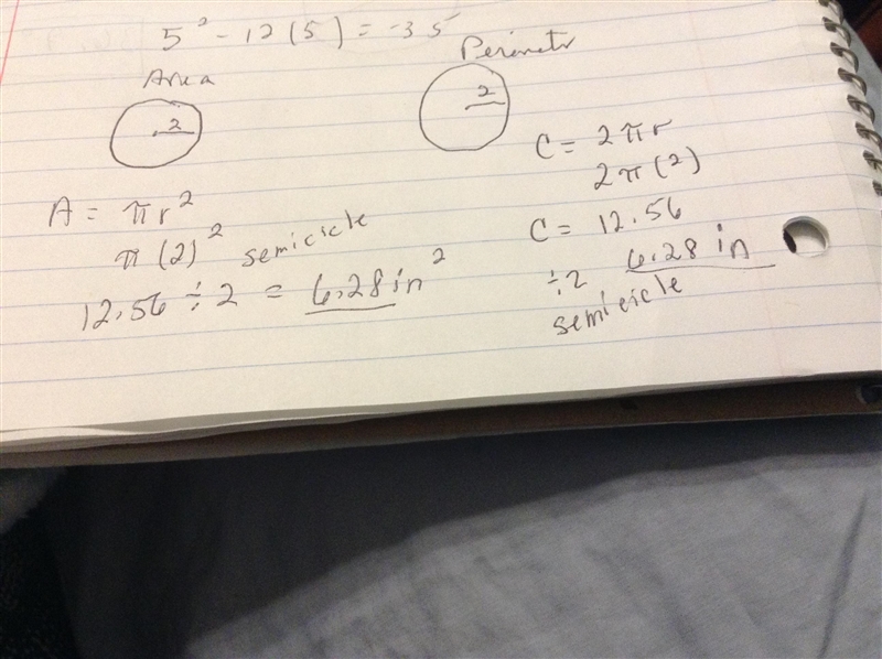 Find the area and a perimeter of a semi-circle with a radius of 2 inches ( help me-example-1