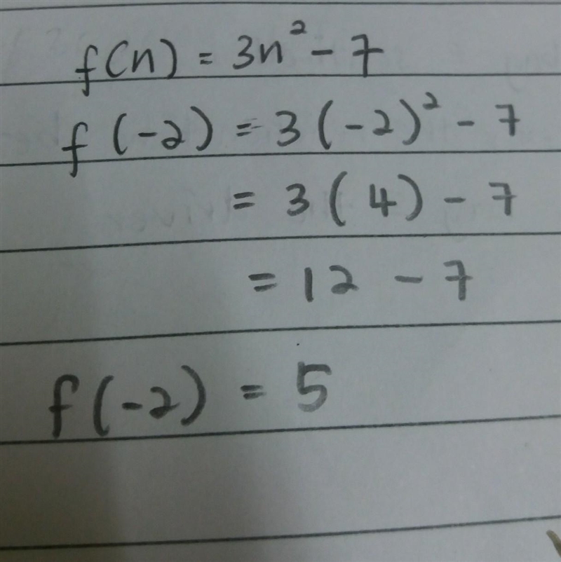 If f(n)=3n^2-7, then f(-2) equals 5 -19 29 -43-example-1