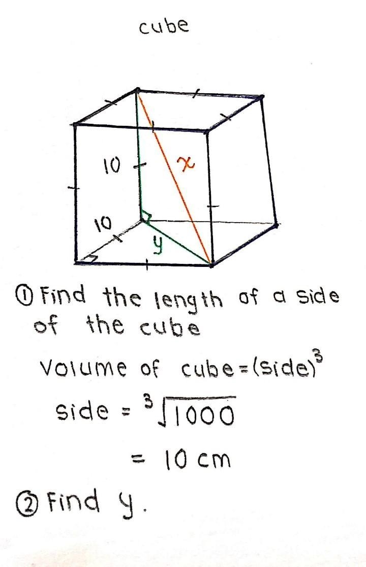 If the cube shown has a volume of 1,000 cm3, what is the length of the diagonal, x-example-1