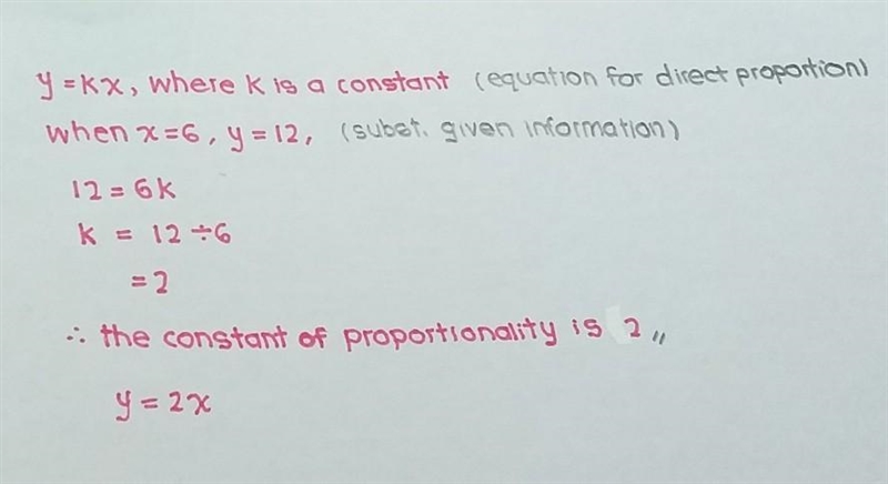 Find the constant of proportionality if y is directly related to x when y = 12 and-example-1