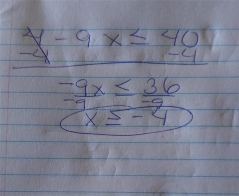 What are ALL the solutions for 4-9x ≤40-example-1