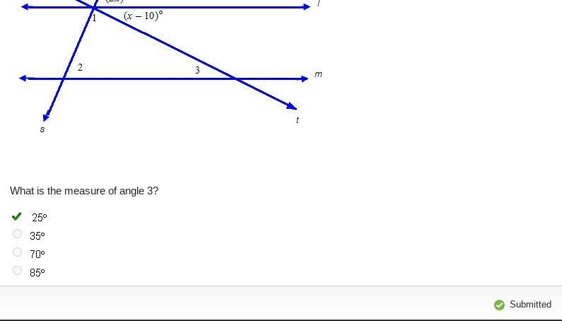 PLEASE HELPP!!! Lines l and m are parallel. What is the measure of angle 3? 25 degrees-example-1