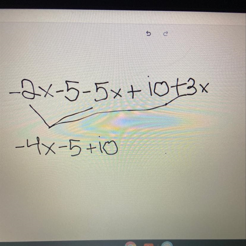 Simplify. - 2x - 5 – 5x + io + 3x Enter your answer in the box. Do not use decimals-example-1