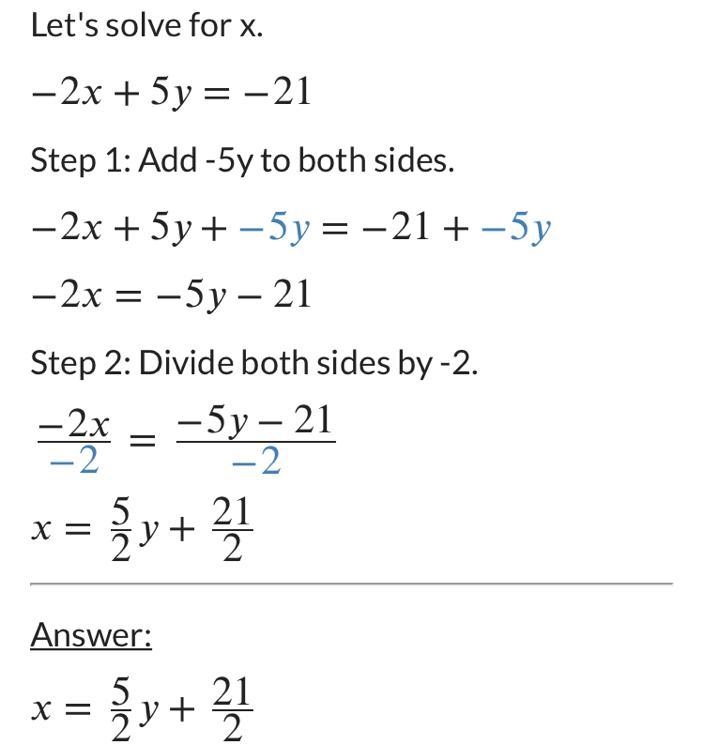 What does x and y equal when -2x+5y=-21-example-1