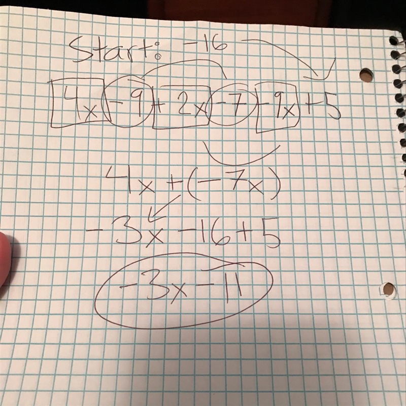 Combine like terms: 4x - 9 + 2x - 7 - 9x + 5-example-1