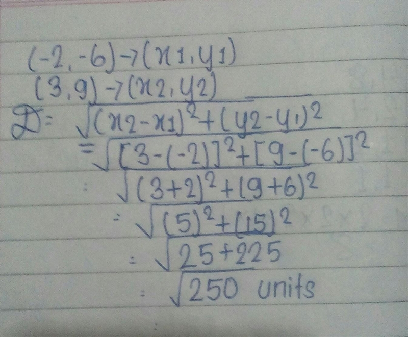 Find the distance between the two points (-2, -6) (3, 9)-example-1