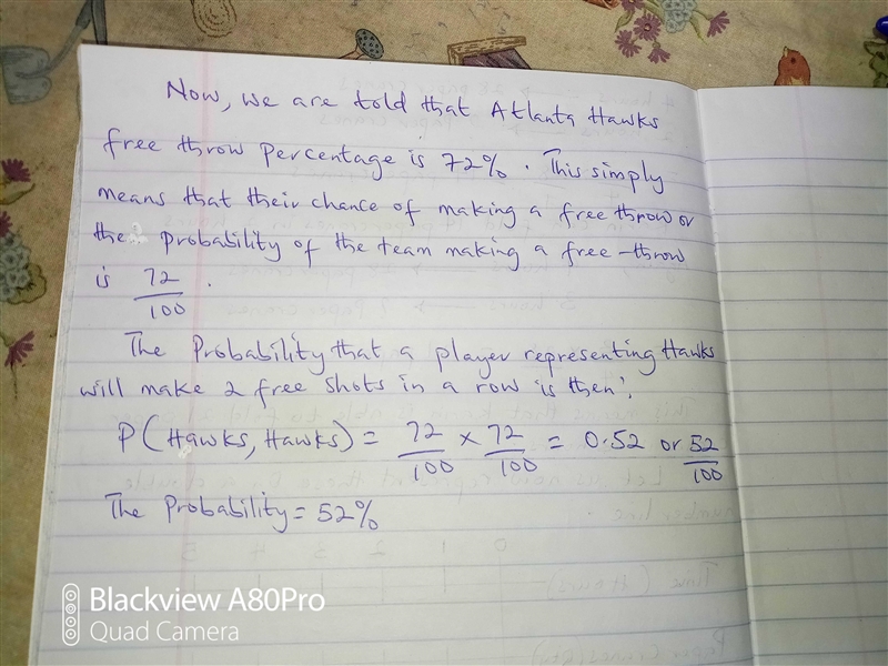 If the Atlanta Hawks free throw percentage is 72%, what is the probability that a-example-1