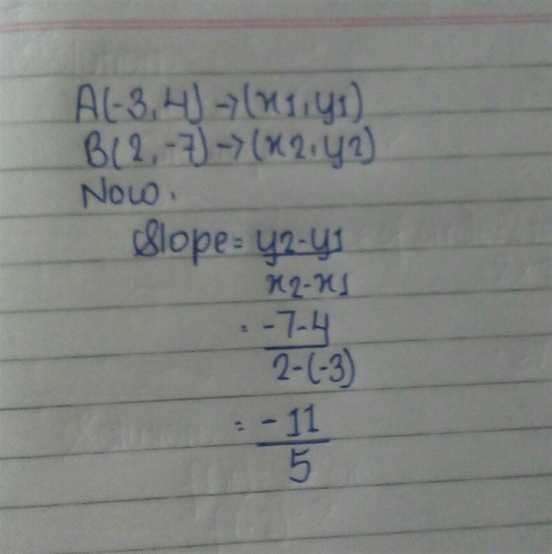 What is the slope of the line between point A(-3, 4) and B(2, -7)?​-example-1