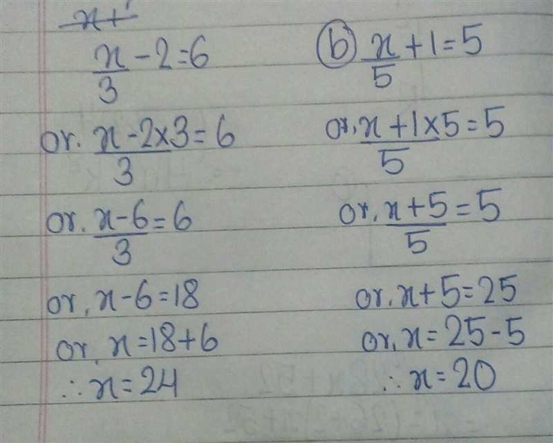 Find the value of x in the following a) x/3-2=6 b) x/5+1=5 thank you <3-example-1