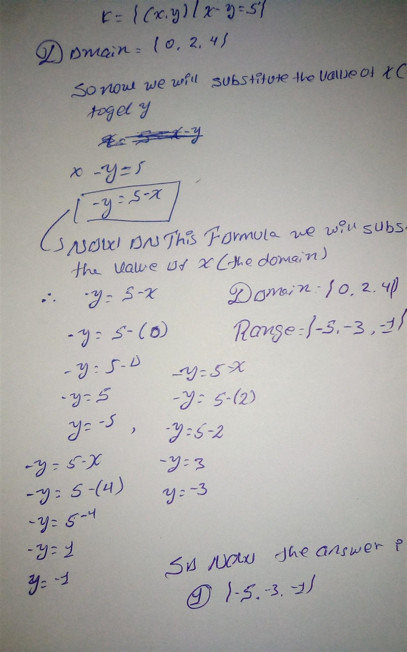 If K = (x, y), find the corresponding range of y for the domain {0, 2, 4}. 1. {-5, -3, -1} 2. {5, 7, 9} 3. {0, 2, 4} (provide-example-1