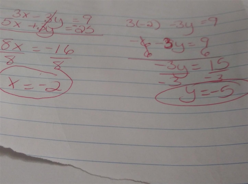 Solve system of equations 3x-3y=9 & 5x+3y=-25-example-1