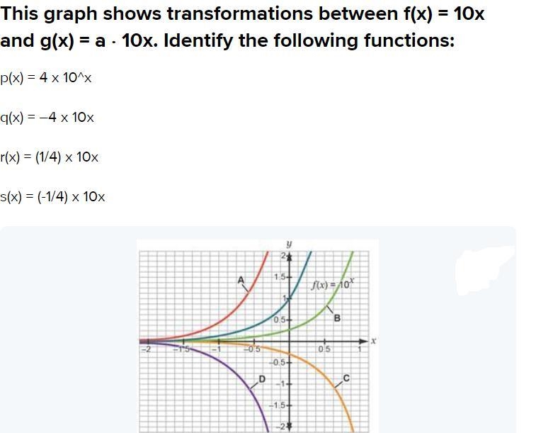 This graph shows transformations between f(x) = 10x and g(x) = a · 10x. Identify the-example-1