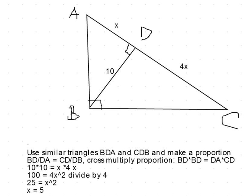 Triangle A B C is shown. Angle A B C is a right angle. An altitude is drawn from point-example-1