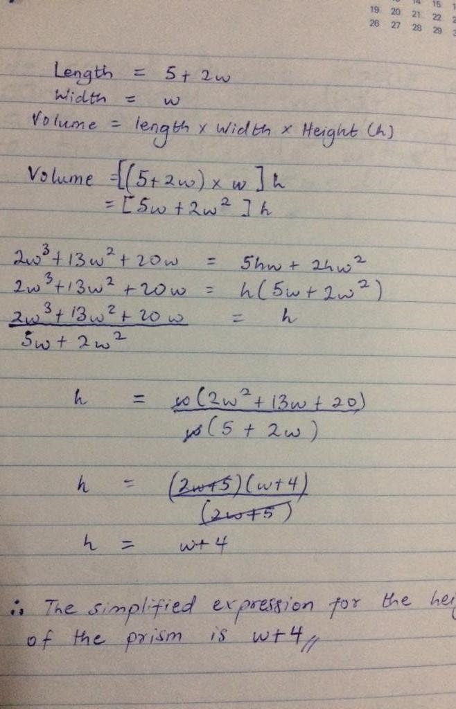 The length of a rectangular prism is 5 more than twice the width w. The volume of-example-1