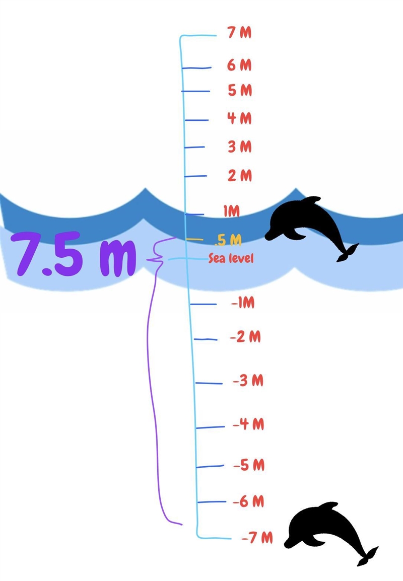 A little while ago, a dolphin was swimming below sea level at -7 meters. Now the dolphin-example-1